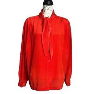 Vintage 80s Red Black Dots Liz Claiborne Long Sleeve Bow Tie Collar Blouse